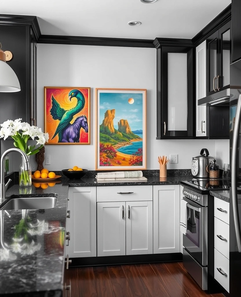Create a Stunning Contrast with Black and White Kitchen Cabinets! - 18. Infuse with Artwork for a Personal Touch
