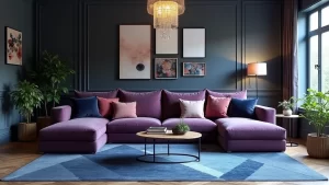 19 Bright and Bold Living Room: Purple Couch, Blue Rug, Dark Walls, and Stunning Chandelier