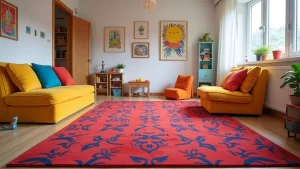 28 Cozy and Fun Kid-Friendly Living Room Ideas: Incorporate Colorful Rugs in Bold Red and Navy!