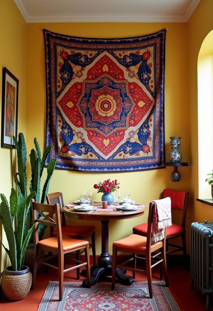 29 Charming Tiny Dining Room Wall Decor Ideas to Enhance Your Space! - 13. Colorful Tapestries