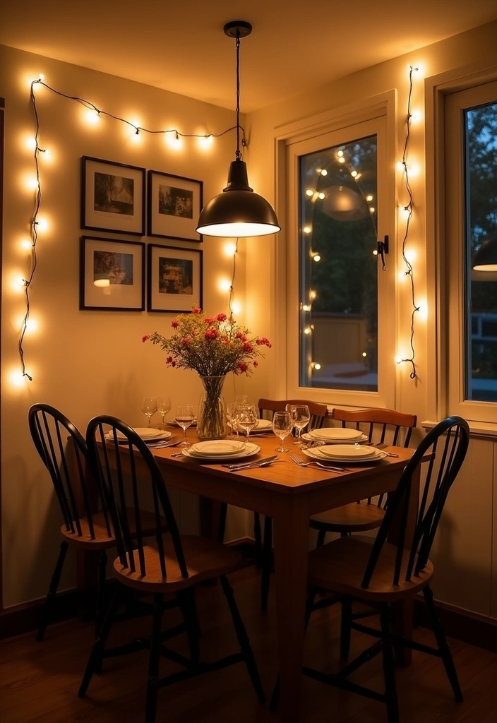 29 Charming Tiny Dining Room Wall Decor Ideas to Enhance Your Space! - 8. String Lights and Art