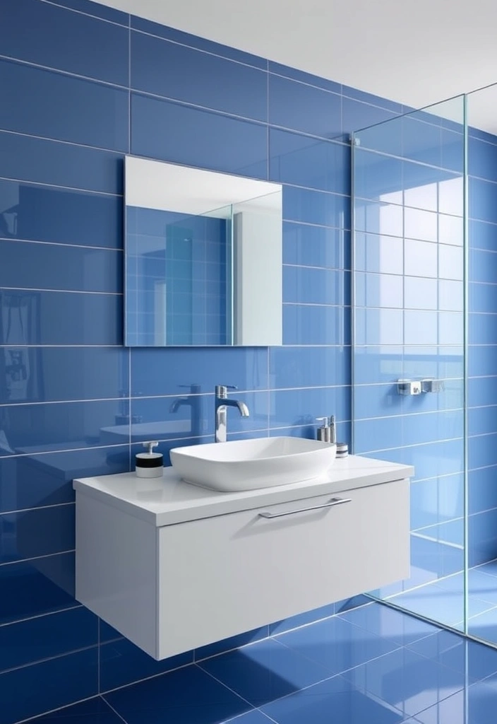 29 Eclectic Blue Bathroom Inspirations with Colorful Tiles and Unique Vanities! - 11. Modern Blue Elegance