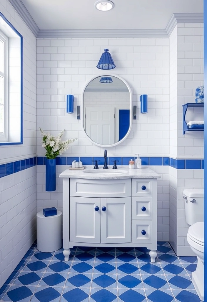 29 Eclectic Blue Bathroom Inspirations with Colorful Tiles and Unique Vanities! - 14. Chic Blue and White Combination