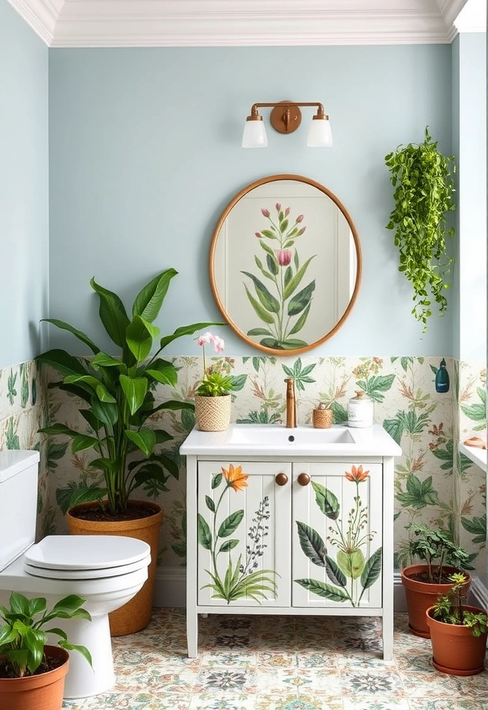 29 Eclectic Blue Bathroom Inspirations with Colorful Tiles and Unique Vanities! - 15. Lush Blue Botanical Retreat