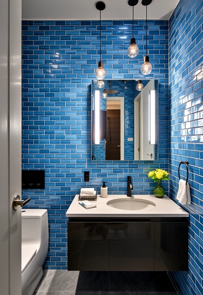 29 Eclectic Blue Bathroom Inspirations with Colorful Tiles and Unique Vanities! - 16. Statement Lighting in Blue Bathrooms