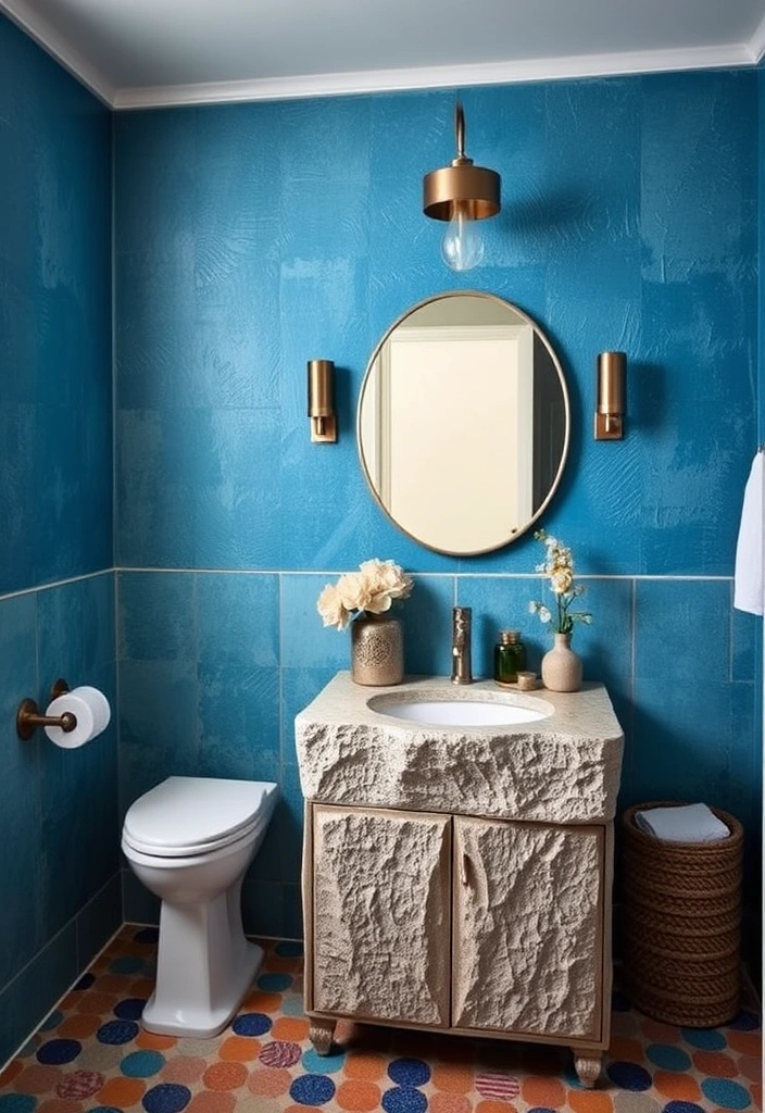 29 Eclectic Blue Bathroom Inspirations with Colorful Tiles and Unique Vanities! - 17. Textured Blue Walls