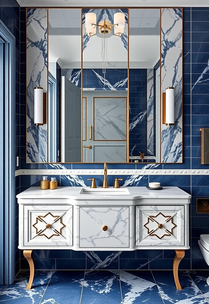 29 Eclectic Blue Bathroom Inspirations with Colorful Tiles and Unique Vanities! - 18. Blue Elegance with Marble Accents
