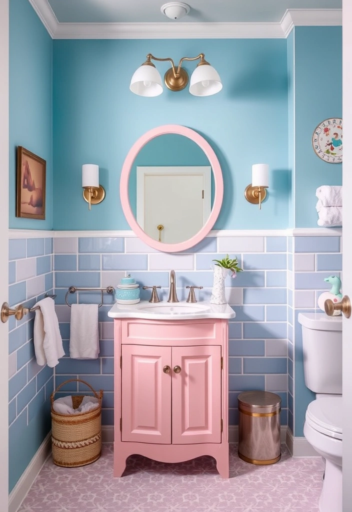29 Eclectic Blue Bathroom Inspirations with Colorful Tiles and Unique Vanities! - 19. Whimsical Blue and Pastel Mix