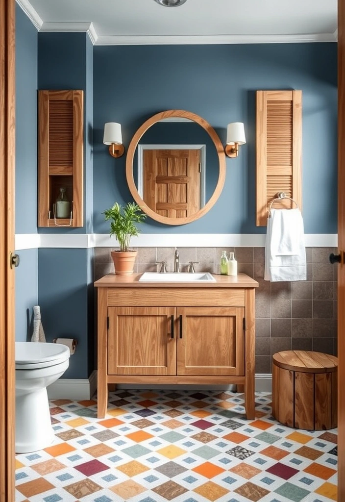 29 Eclectic Blue Bathroom Inspirations with Colorful Tiles and Unique Vanities! - 20. Blue and Wood Harmony