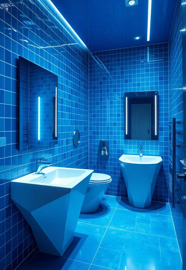 29 Eclectic Blue Bathroom Inspirations with Colorful Tiles and Unique Vanities! - 21. Futuristic Blue Designs