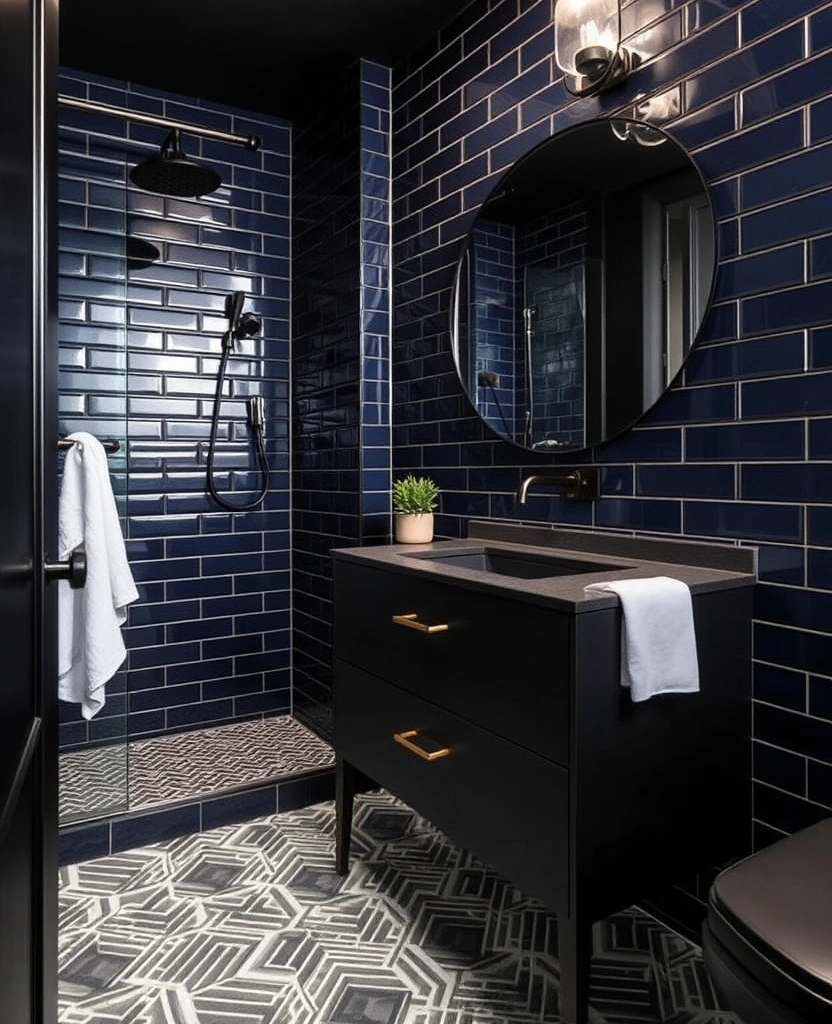 29 Eclectic Blue Bathroom Inspirations with Colorful Tiles and Unique Vanities! - 23. Blue and Black Contrast