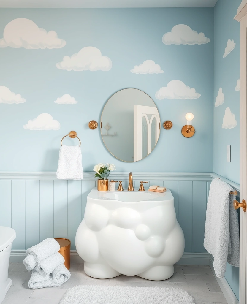 29 Eclectic Blue Bathroom Inspirations with Colorful Tiles and Unique Vanities! - 24. Whimsical Blue Cloudscape