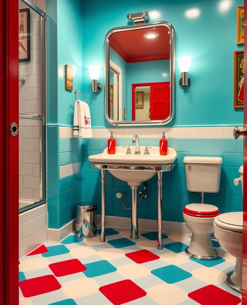 29 Eclectic Blue Bathroom Inspirations with Colorful Tiles and Unique Vanities! - 25. Retro Blue Diner Vibes