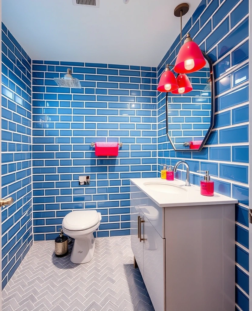 29 Eclectic Blue Bathroom Inspirations with Colorful Tiles and Unique Vanities! - 27. Retro Blue Tiles with Modern Twist
