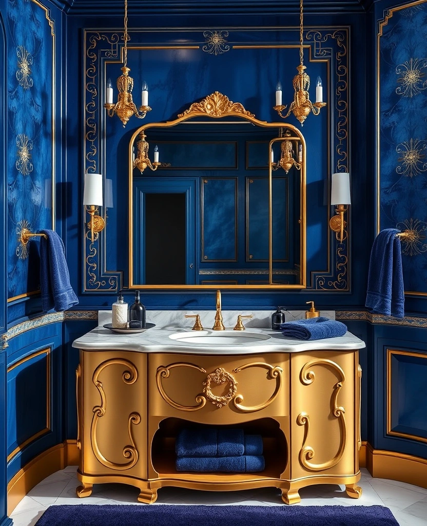 29 Eclectic Blue Bathroom Inspirations with Colorful Tiles and Unique Vanities! - 28. Moody Blue and Gold Elegance