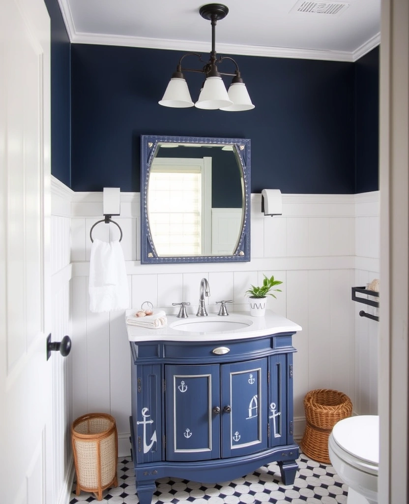 29 Eclectic Blue Bathroom Inspirations with Colorful Tiles and Unique Vanities! - 29. Blue and White Nautical Escape