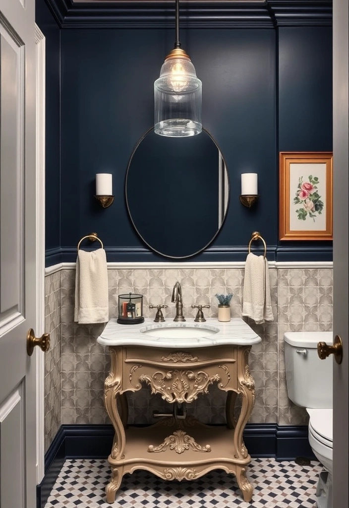 29 Eclectic Blue Bathroom Inspirations with Colorful Tiles and Unique Vanities! - 3. Vintage Charm with Deep Blue