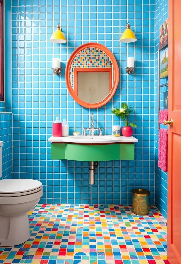29 Eclectic Blue Bathroom Inspirations with Colorful Tiles and Unique Vanities! - 5. Playful Colors with Mosaic Tiles