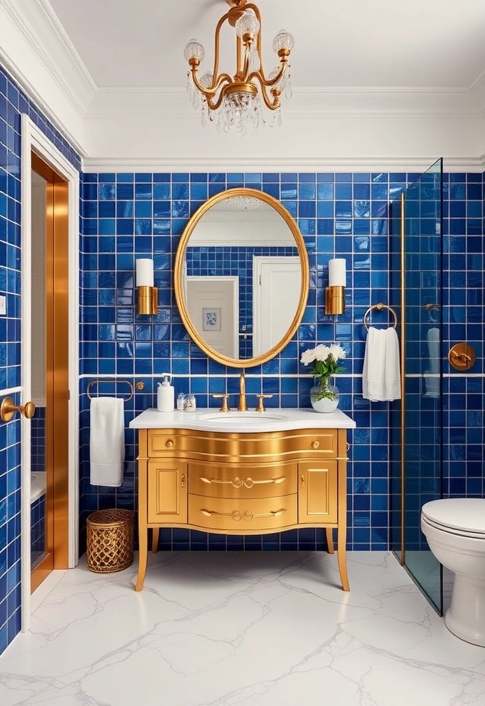 29 Eclectic Blue Bathroom Inspirations with Colorful Tiles and Unique Vanities! - 7. Elegant Blue and Gold Combination