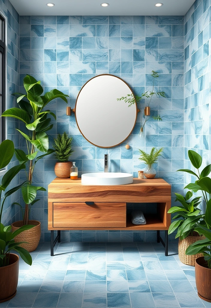 29 Eclectic Blue Bathroom Inspirations with Colorful Tiles and Unique Vanities! - 8. Nature-Inspired Blue Oasis