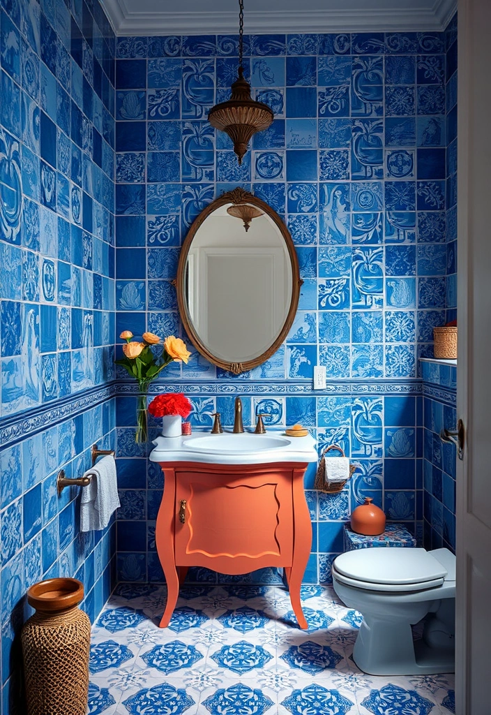 29 Eclectic Blue Bathroom Inspirations with Colorful Tiles and Unique Vanities! - 9. Artistic Flair with Hand-Painted Tiles