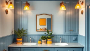 31 Unique Steel Blue Cabinets with Mustard Lighting: Eclectic Bathroom Design