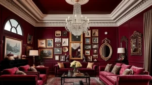 40 Moody Burgundy Living Room: Crystal Chandelier + Gallery Wall Drama