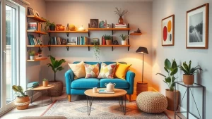 40 Small Living Room Hacks: Petite Blue Couch + Vertical Wall Storage 40 Small Living Room Hacks: Petite Blue Couch + Vertical Wall Storage