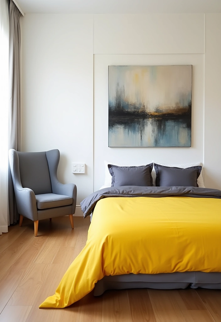Brighten Your Space: 19 Creative Yellow Bedsheet Bedroom Ideas for a Cheerful Retreat! - 1. Sunny Yellow & Gray Combo