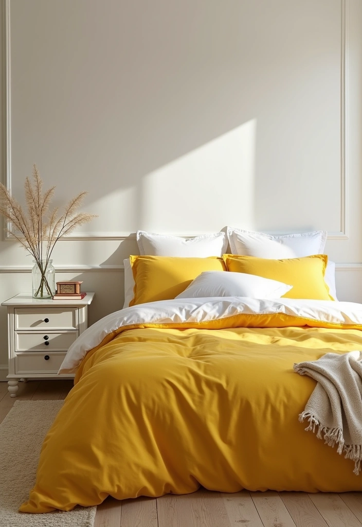 Brighten Your Space: 19 Creative Yellow Bedsheet Bedroom Ideas for a Cheerful Retreat! - 10. Elegant Yellow & White Harmony
