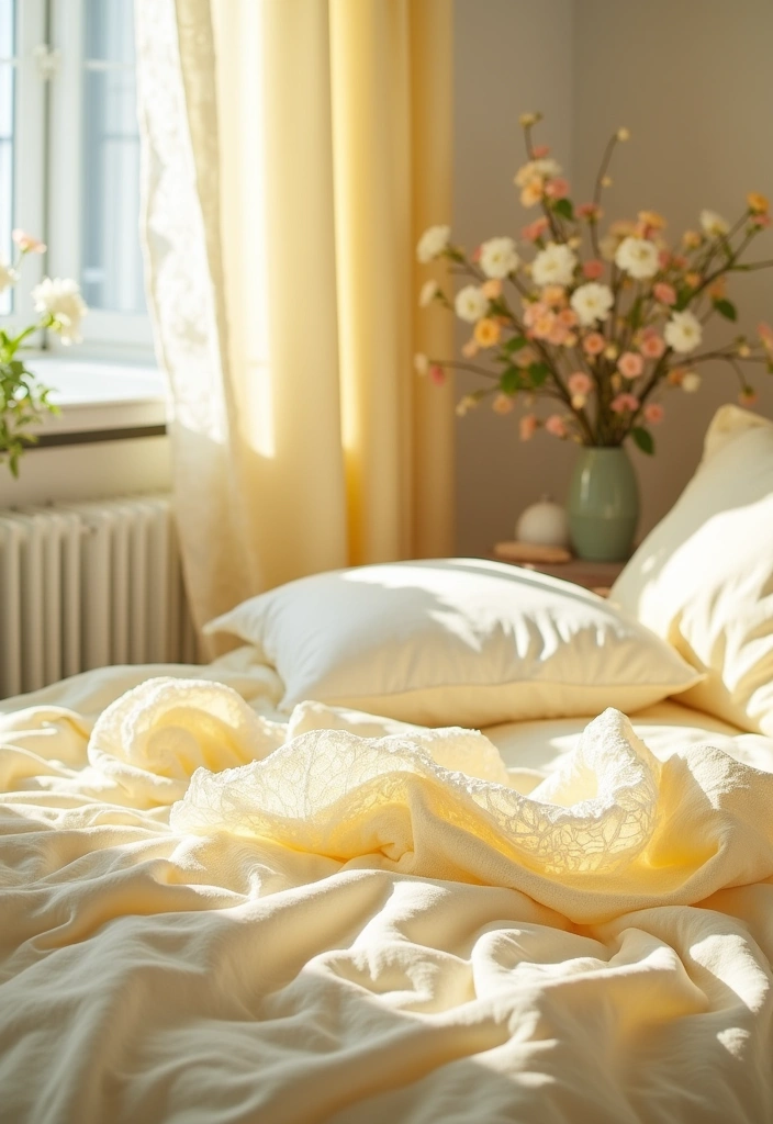 Brighten Your Space: 19 Creative Yellow Bedsheet Bedroom Ideas for a Cheerful Retreat! - 12. Romantic Yellow Retreat