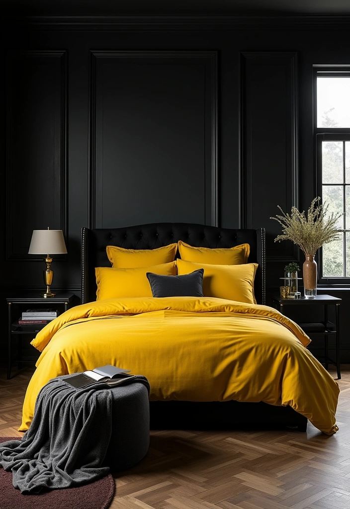Brighten Your Space: 19 Creative Yellow Bedsheet Bedroom Ideas for a Cheerful Retreat! - 13. Yellow and Black Contrast
