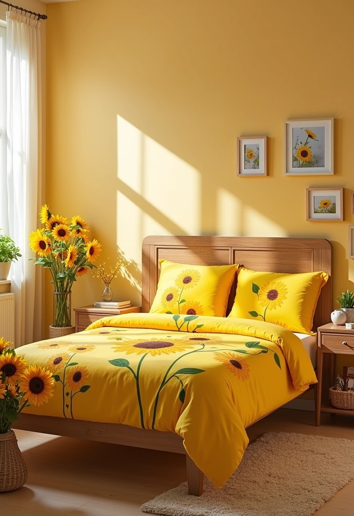 Brighten Your Space: 19 Creative Yellow Bedsheet Bedroom Ideas for a Cheerful Retreat! - 14. Cheerful Yellow Sunflowers