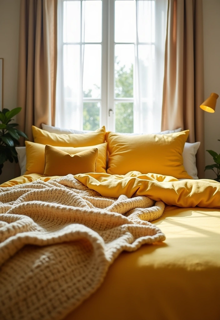 Brighten Your Space: 19 Creative Yellow Bedsheet Bedroom Ideas for a Cheerful Retreat! - 16. Layered Yellow Textures
