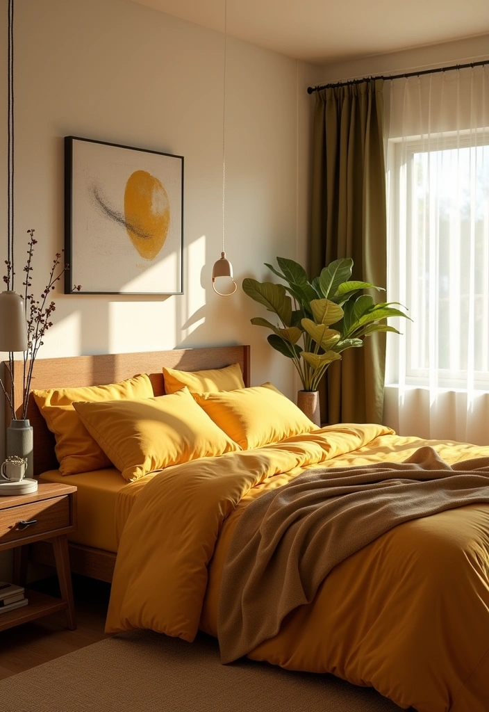Brighten Your Space: 19 Creative Yellow Bedsheet Bedroom Ideas for a Cheerful Retreat! - 17. Yellow and Earthy Tones