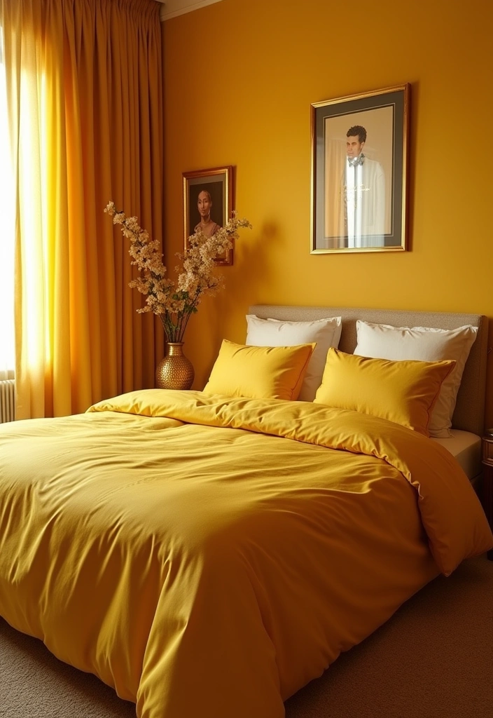 Brighten Your Space: 19 Creative Yellow Bedsheet Bedroom Ideas for a Cheerful Retreat! - 18. Yellow with Metallic Accents
