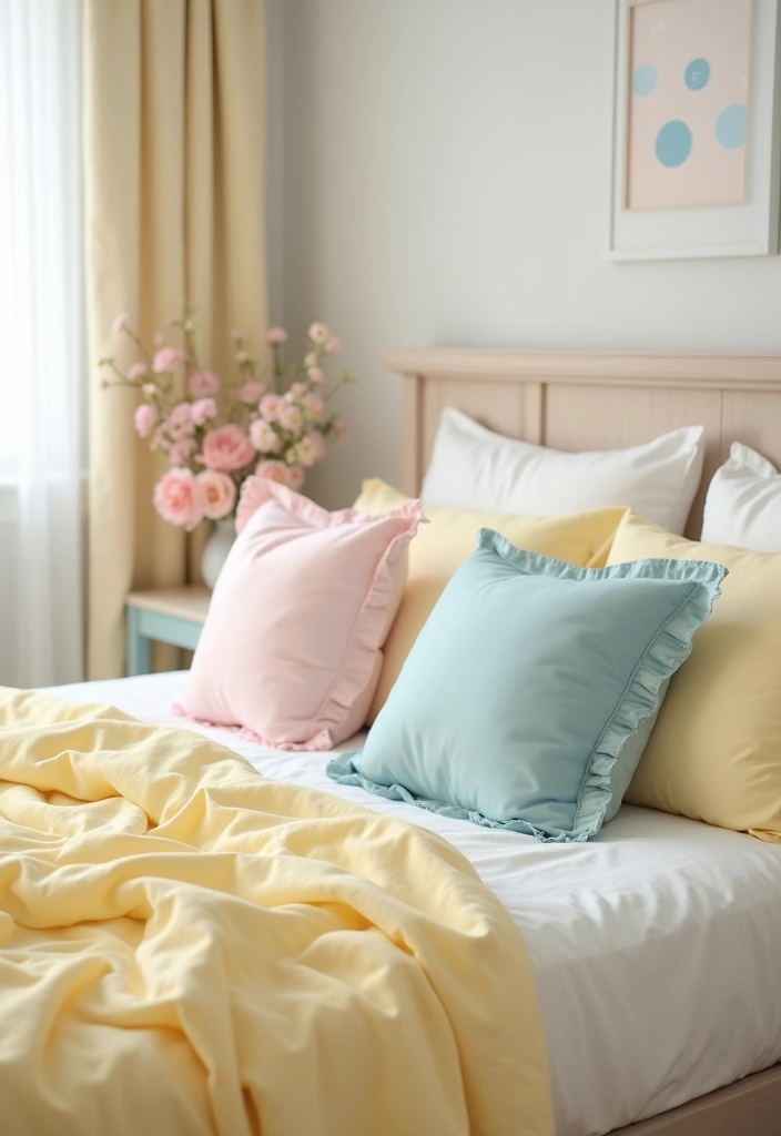 Brighten Your Space: 19 Creative Yellow Bedsheet Bedroom Ideas for a Cheerful Retreat! - 19. Yellow and Pastel Palette