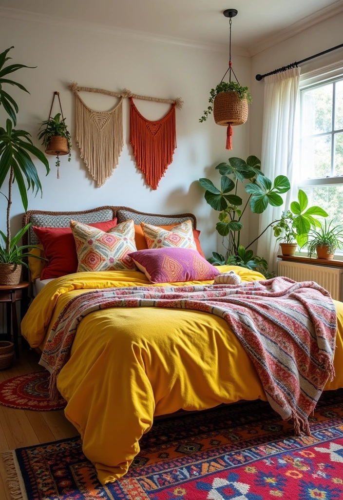 Brighten Your Space: 19 Creative Yellow Bedsheet Bedroom Ideas for a Cheerful Retreat! - 2. Bohemian Yellow Oasis