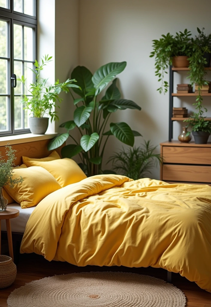Brighten Your Space: 19 Creative Yellow Bedsheet Bedroom Ideas for a Cheerful Retreat! - 6. Yellow & Nature Fusion