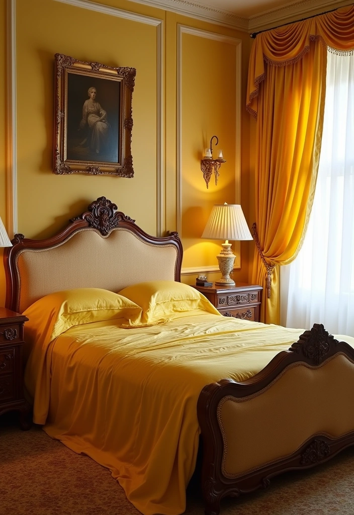 Brighten Your Space: 19 Creative Yellow Bedsheet Bedroom Ideas for a Cheerful Retreat! - 7. Vintage Glam with Yellow