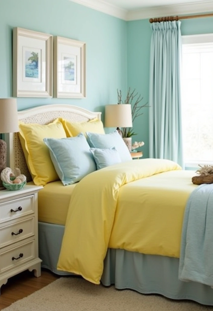 Brighten Your Space: 19 Creative Yellow Bedsheet Bedroom Ideas for a Cheerful Retreat! - 9. Coastal Yellow Retreat