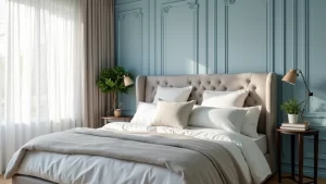 Chic Wall Panel Ideas for Bedrooms: 28 Soft Blue Panels Paired with Cozy Upholstered Beds!