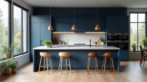 Choosing Modern Kitchen Bar Stools: 31 Pairing Navy Blue Walls with Light Wood Flooring!