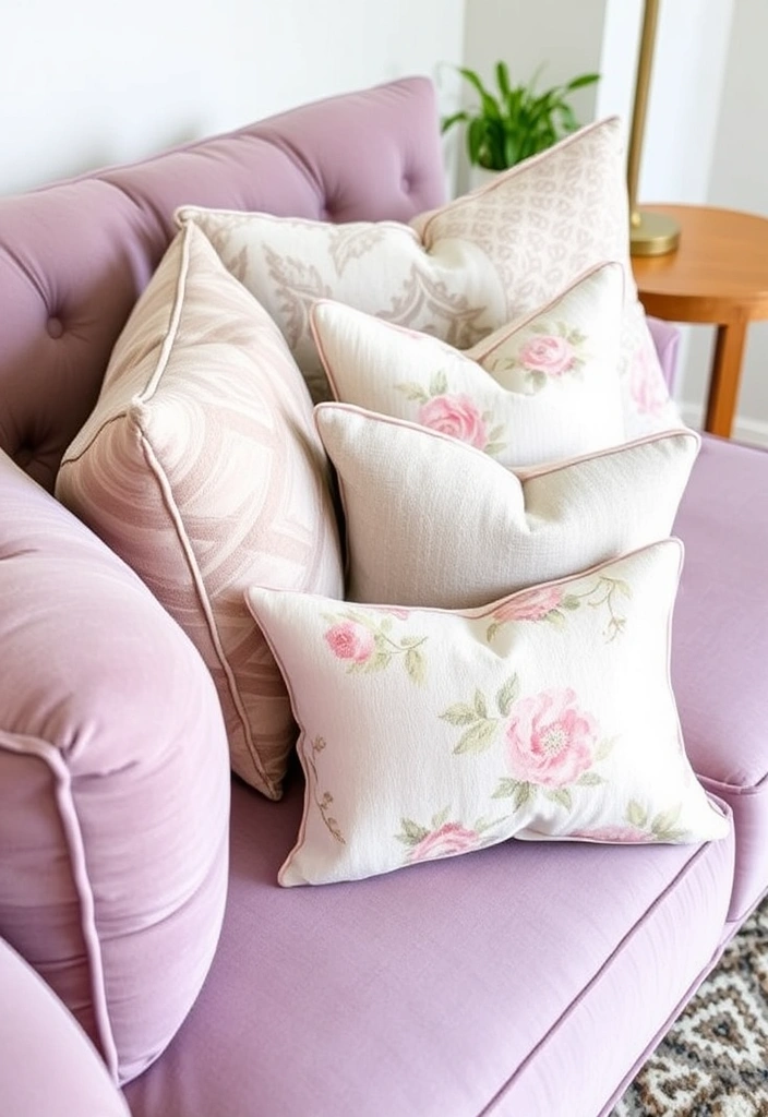 Create a Dreamy Living Room: 40 Lavender Couch with Soft White Walls and Chic Wooden Tables! - 1. Elegant Accent Pillows
