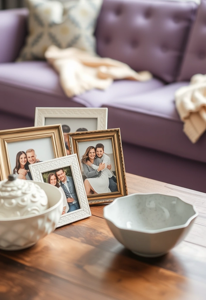 Create a Dreamy Living Room: 40 Lavender Couch with Soft White Walls and Chic Wooden Tables! - 10. Personalized Decor Items