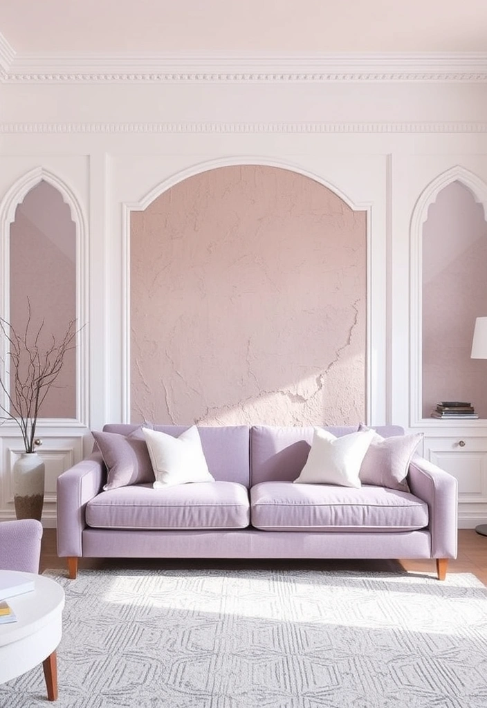 Create a Dreamy Living Room: 40 Lavender Couch with Soft White Walls and Chic Wooden Tables! - 12. Layered Wall Treatments