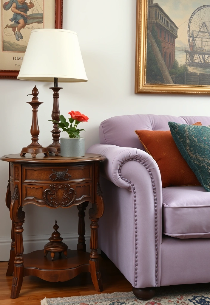 Create a Dreamy Living Room: 40 Lavender Couch with Soft White Walls and Chic Wooden Tables! - 13. Vintage Touches