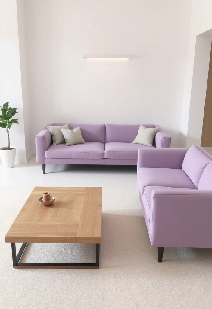 Create a Dreamy Living Room: 40 Lavender Couch with Soft White Walls and Chic Wooden Tables! - 14. Minimalistic Approach