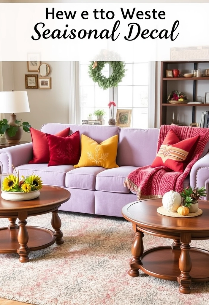Create a Dreamy Living Room: 40 Lavender Couch with Soft White Walls and Chic Wooden Tables! - 15. Seasonal Decor Swaps