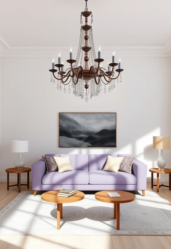 Create a Dreamy Living Room: 40 Lavender Couch with Soft White Walls and Chic Wooden Tables! - 16. Statement Lighting Fixtures